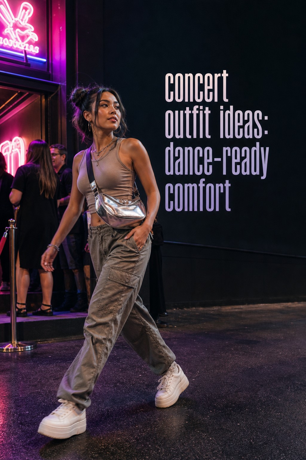 concert outfit ideas with cargo trousers, fitted tank, metallic bag, and platform sneakers