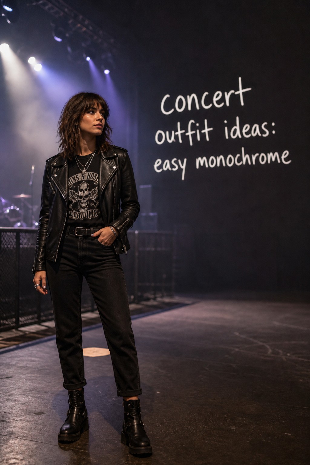concert outfit ideas with a black graphic tee, leather jacket, dark jeans, and ankle boots