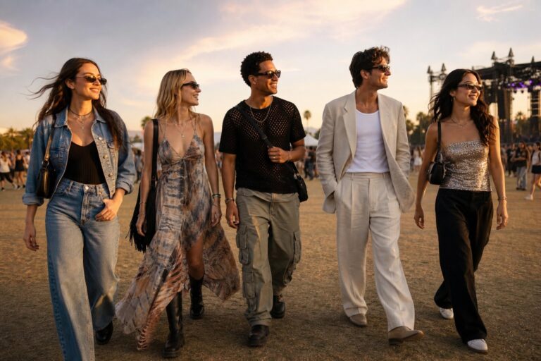 concert outfit ideas featuring stylish friends arriving at an outdoor concert in varied wearable looks