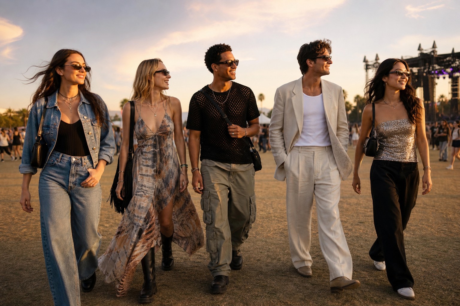 concert outfit ideas featuring stylish friends arriving at an outdoor concert in varied wearable looks