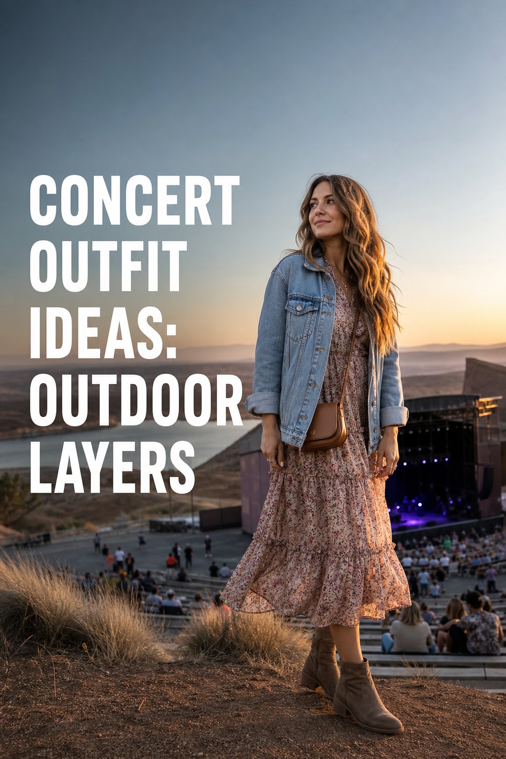 concert outfit ideas with a flowing dress, denim jacket, flat boots, and crossbody bag outdoors