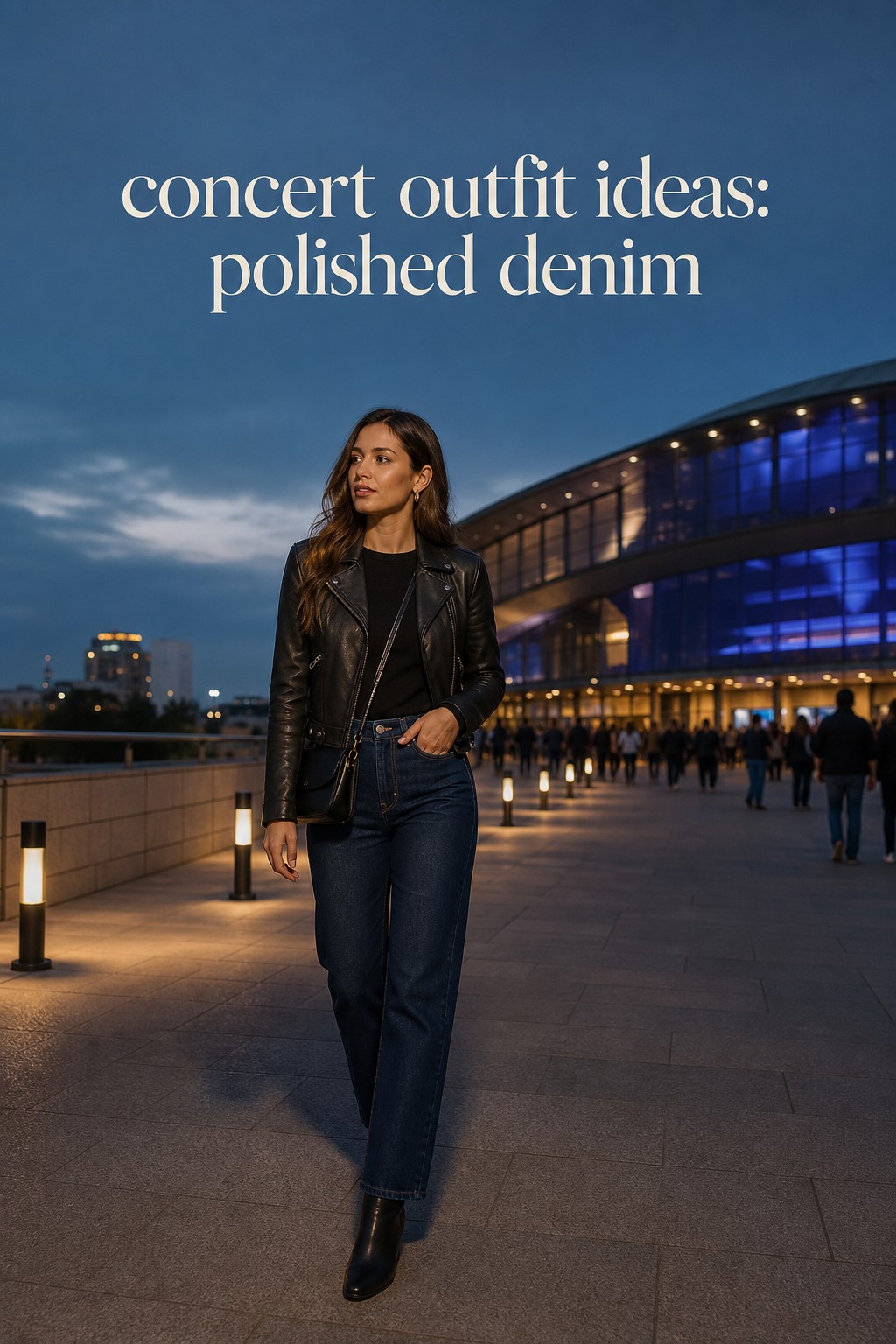 concert outfit ideas with polished denim, black top, leather jacket, and ankle boots