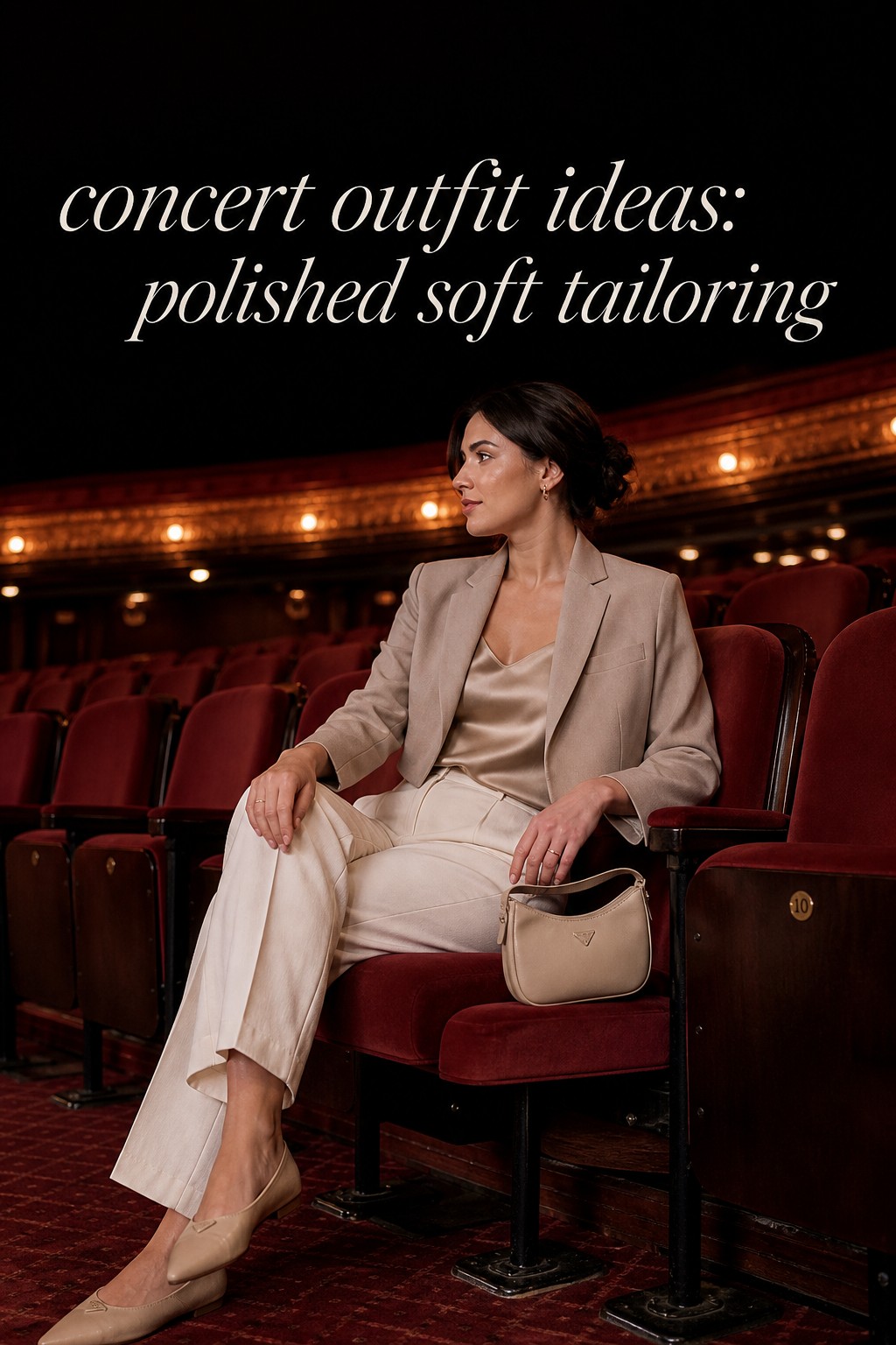 concert outfit ideas with soft tailored trousers, satin camisole, cropped blazer, and flats