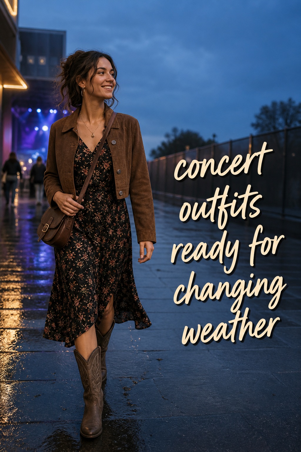 concert outfits with floral midi dress, suede jacket, western boots, and crossbody bag