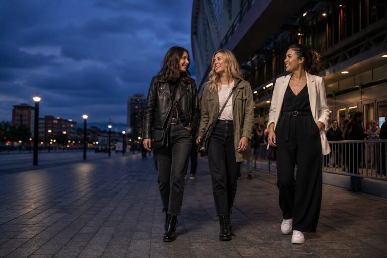 concert outfits with dark denim, outdoor layers, and a polished black jumpsuit outside a venue