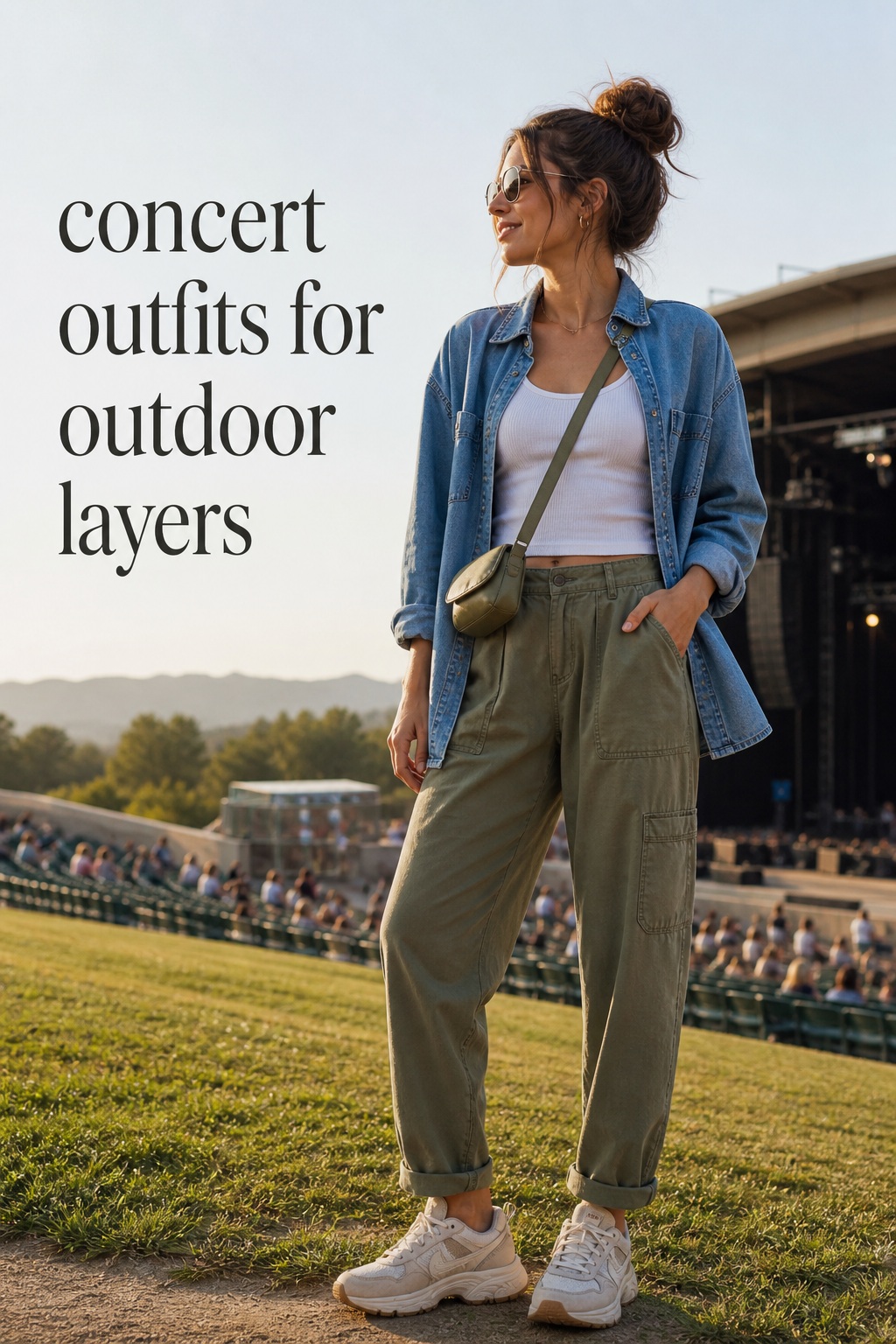 concert outfits with white tank, olive utility trousers, denim overshirt, and sneakers