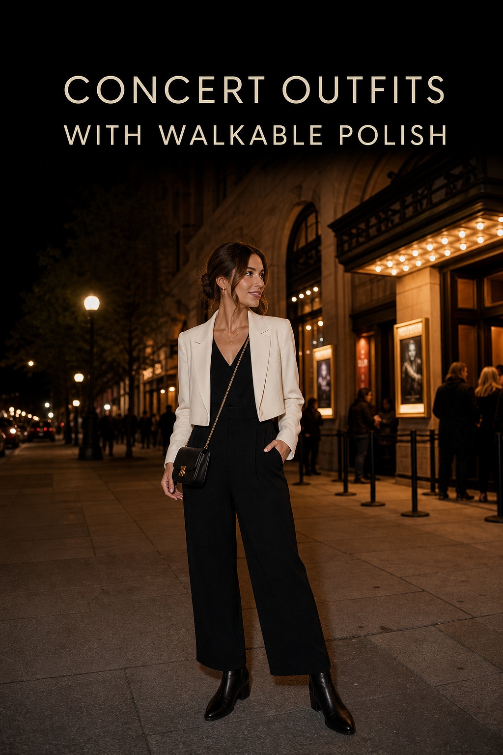 concert outfits with black jumpsuit, ivory blazer, structured bag, and ankle boots