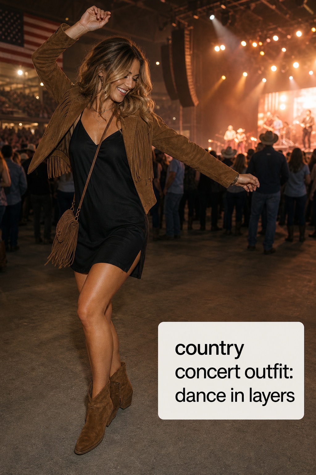 country concert outfit with a black slip dress, suede jacket, and Western boots