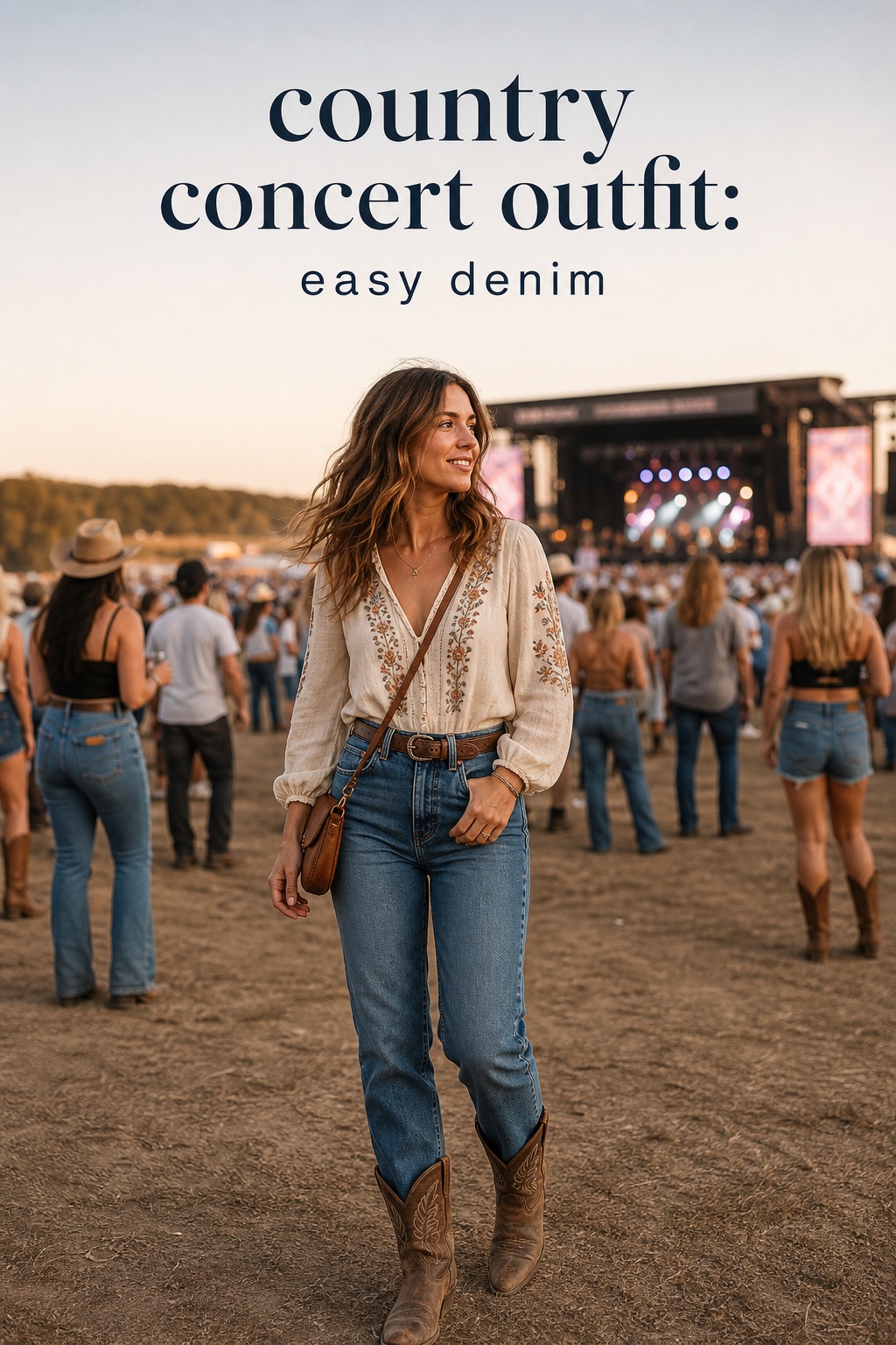 country concert outfit with a cream embroidered blouse, straight jeans, and brown cowboy boots