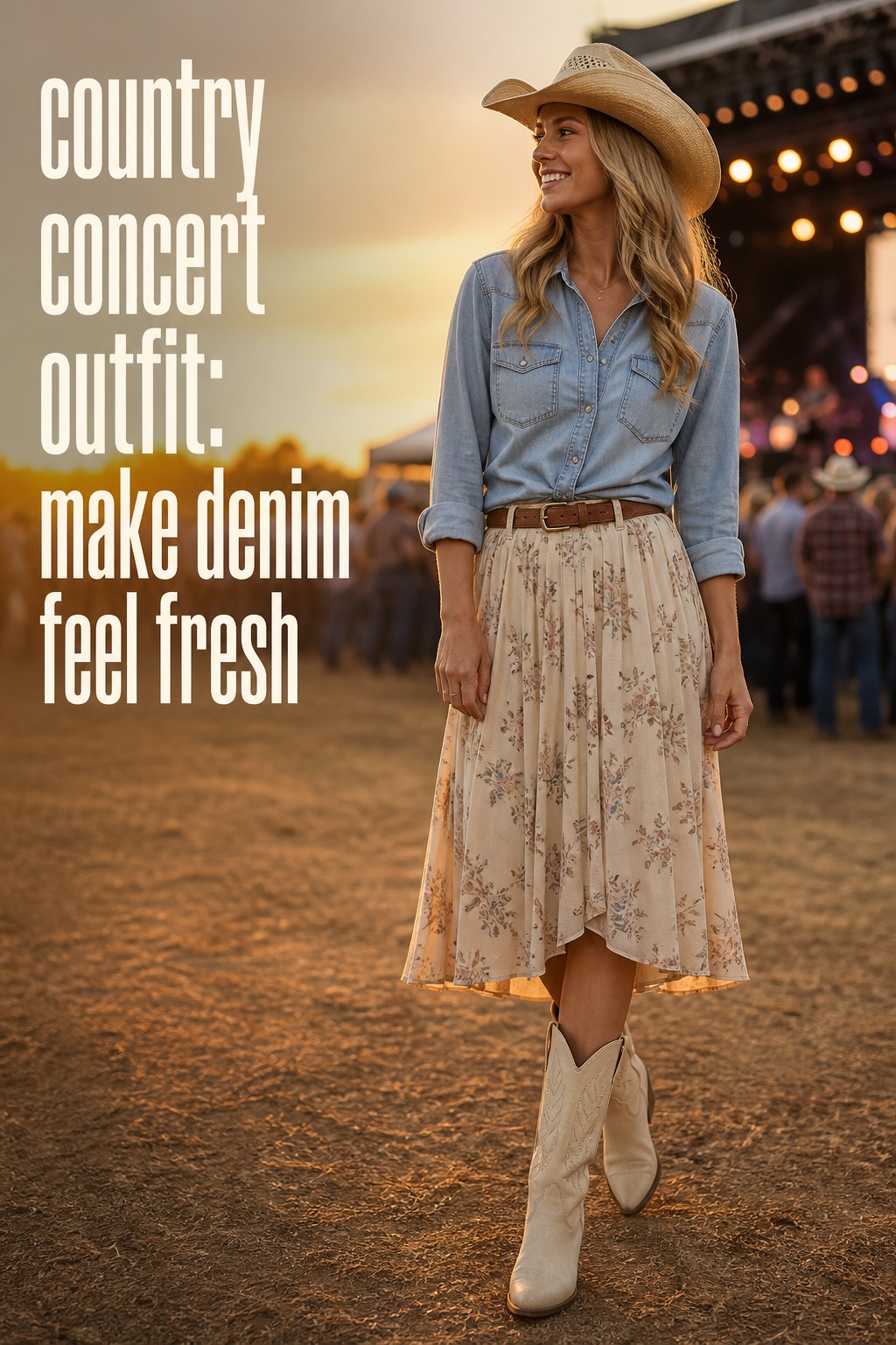 country concert outfit with a denim shirt, floral midi skirt, and cream cowboy boots