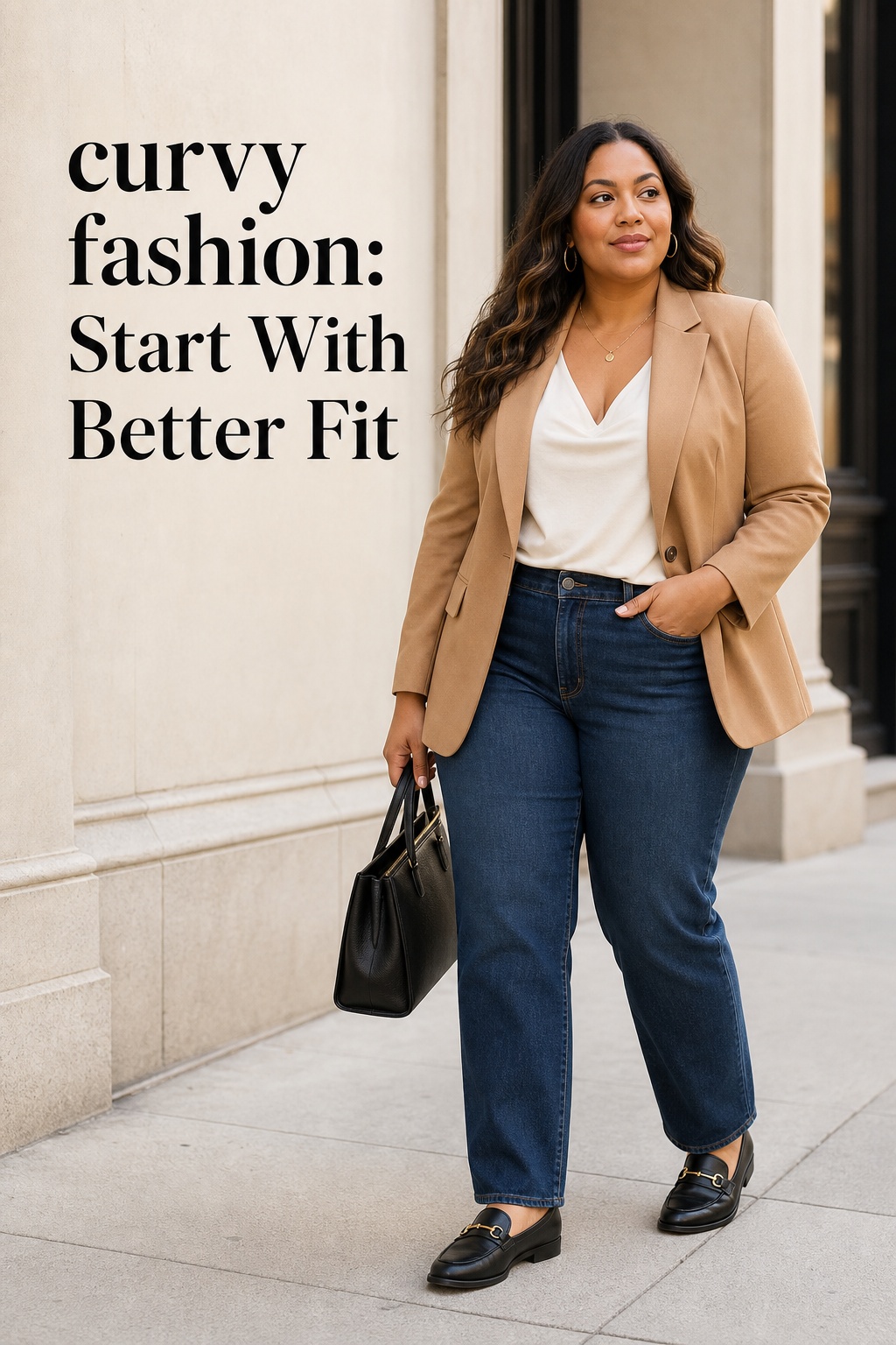 curvy fashion look with camel blazer, V-neck top, straight-leg jeans, and loafers