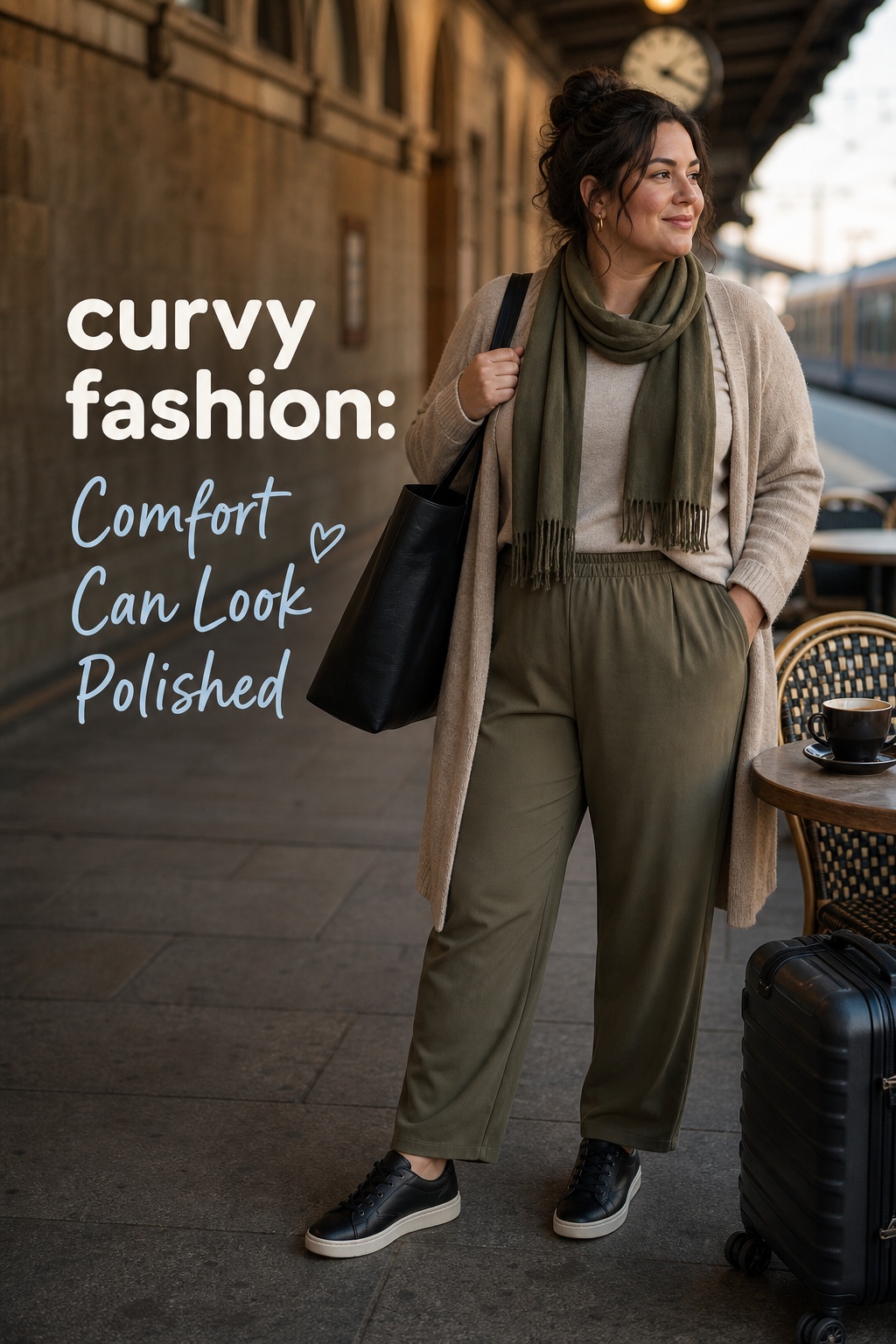 curvy fashion travel outfit with knit, pull-on trousers, cardigan, scarf, and sneakers