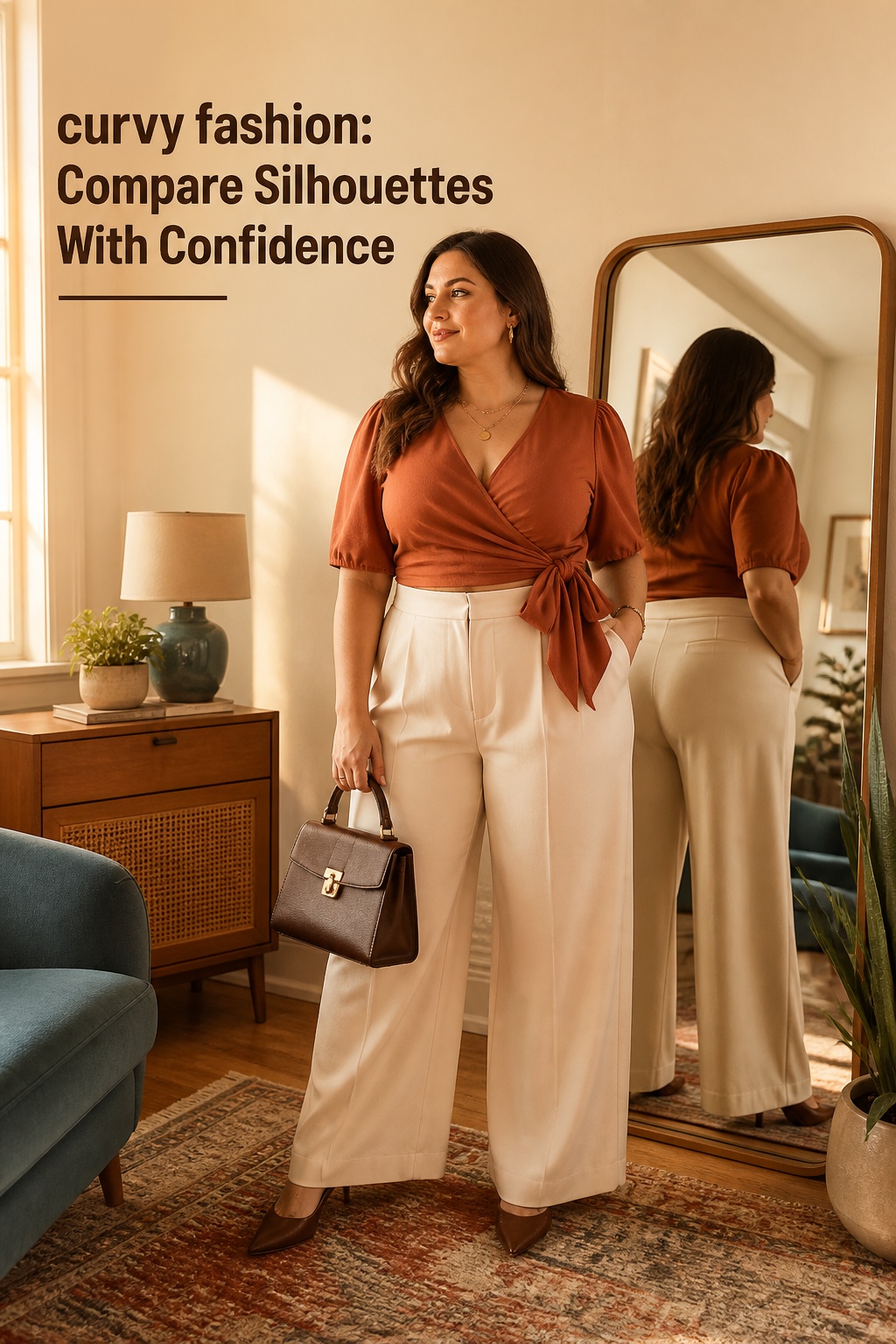 curvy fashion wrap top with high-rise wide-leg trousers and structured handbag