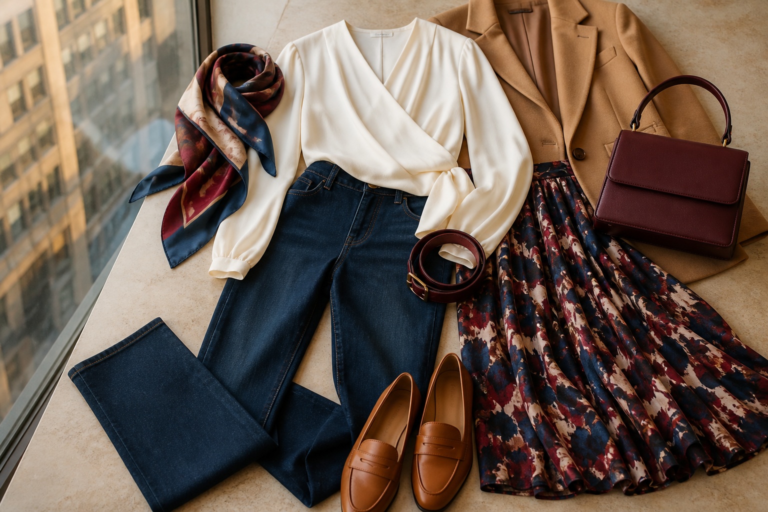 curvy fashion outfit capsule with wrap blouse, dark jeans, blazer, printed skirt, loafers, belt, scarf, and handbag