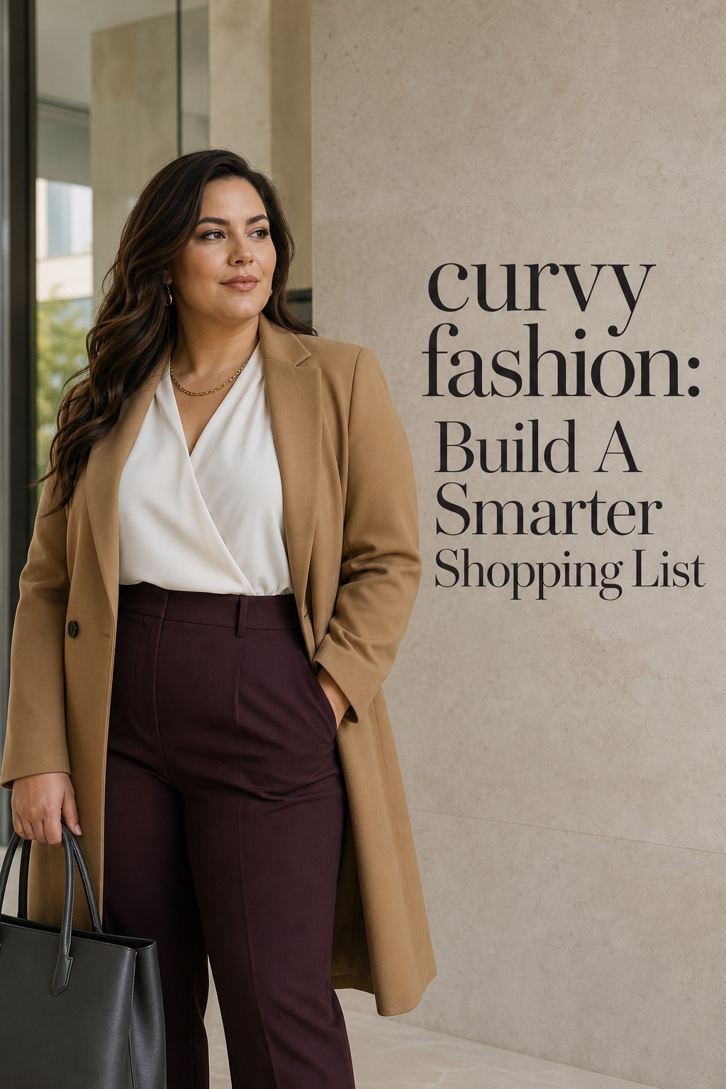 curvy fashion workwear with fluid blouse, tailored trousers, blazer, and tote