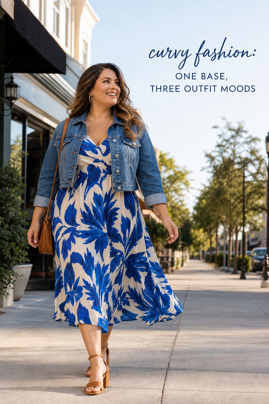 curvy fashion printed midi dress with cropped denim jacket on city sidewalk