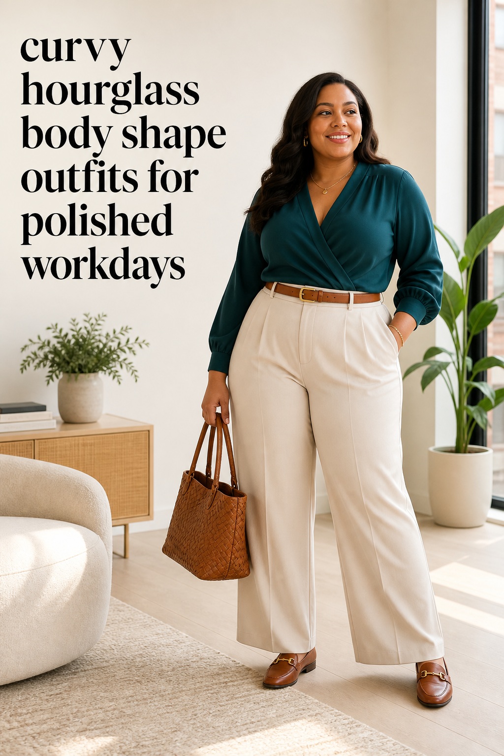 curvy hourglass body shape outfits with a teal wrap blouse and cream trousers