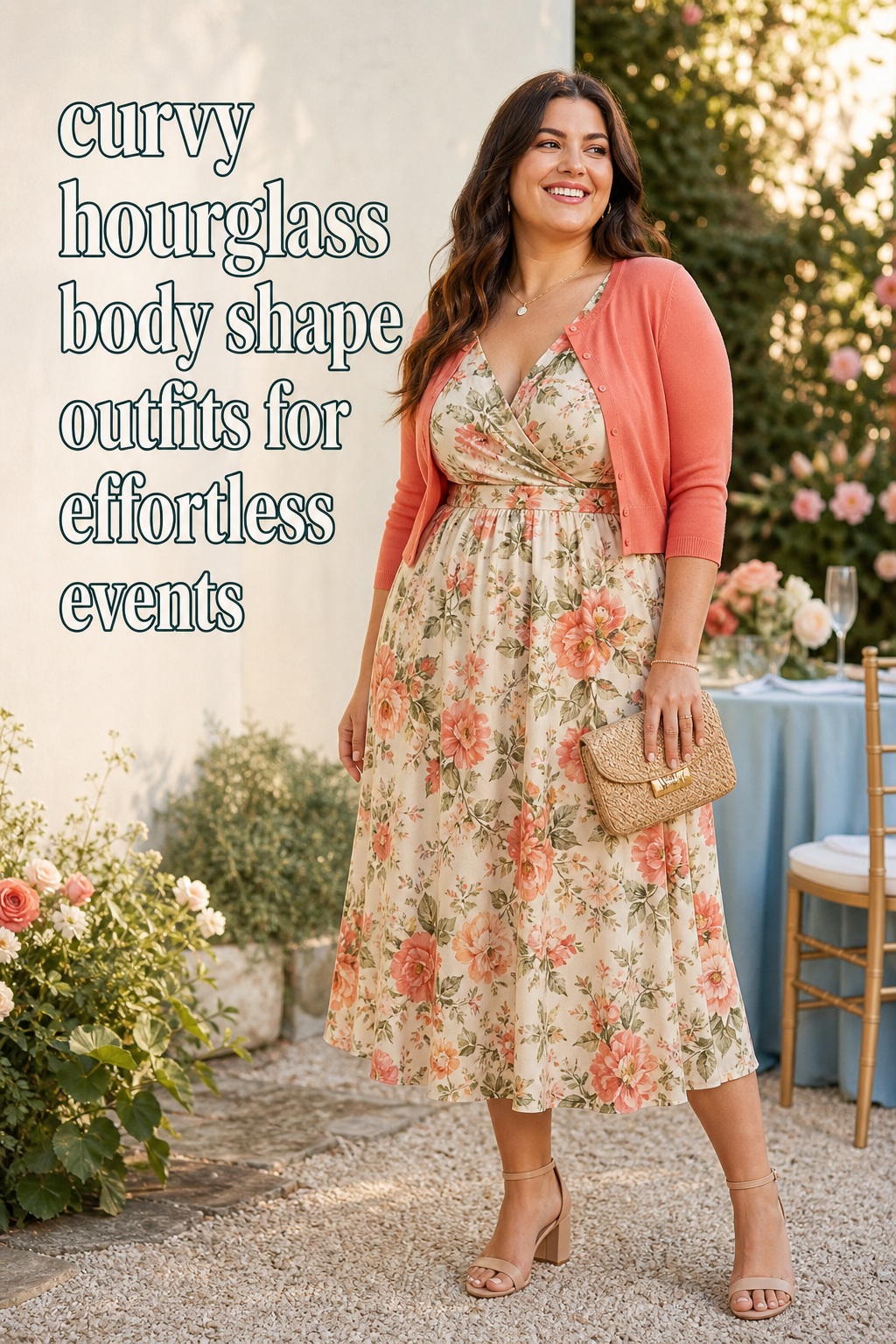 curvy hourglass body shape outfits with a floral wrap midi dress and coral cardigan
