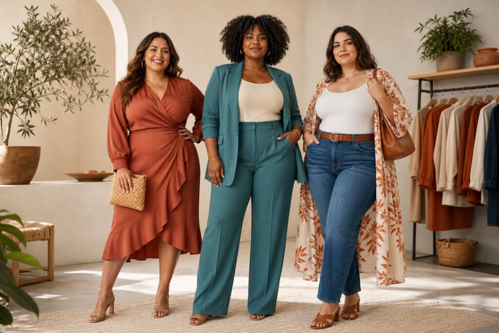 curvy hourglass body shape outfits on three diverse plus-size women