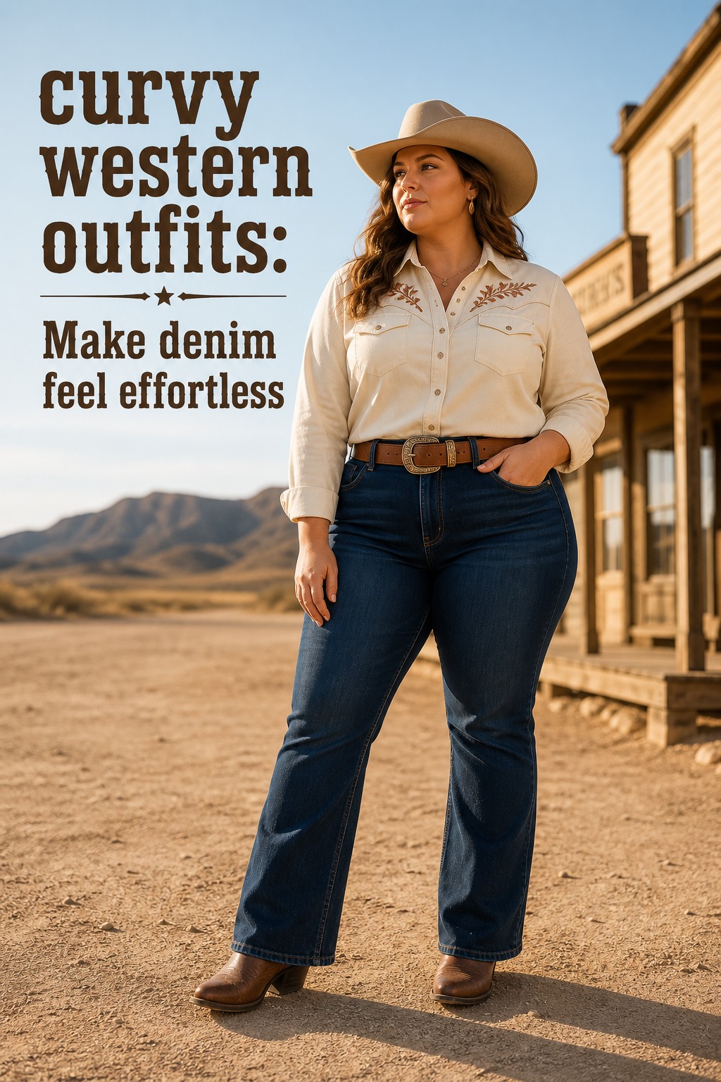 curvy western outfits with dark bootcut jeans and a cream Western shirt