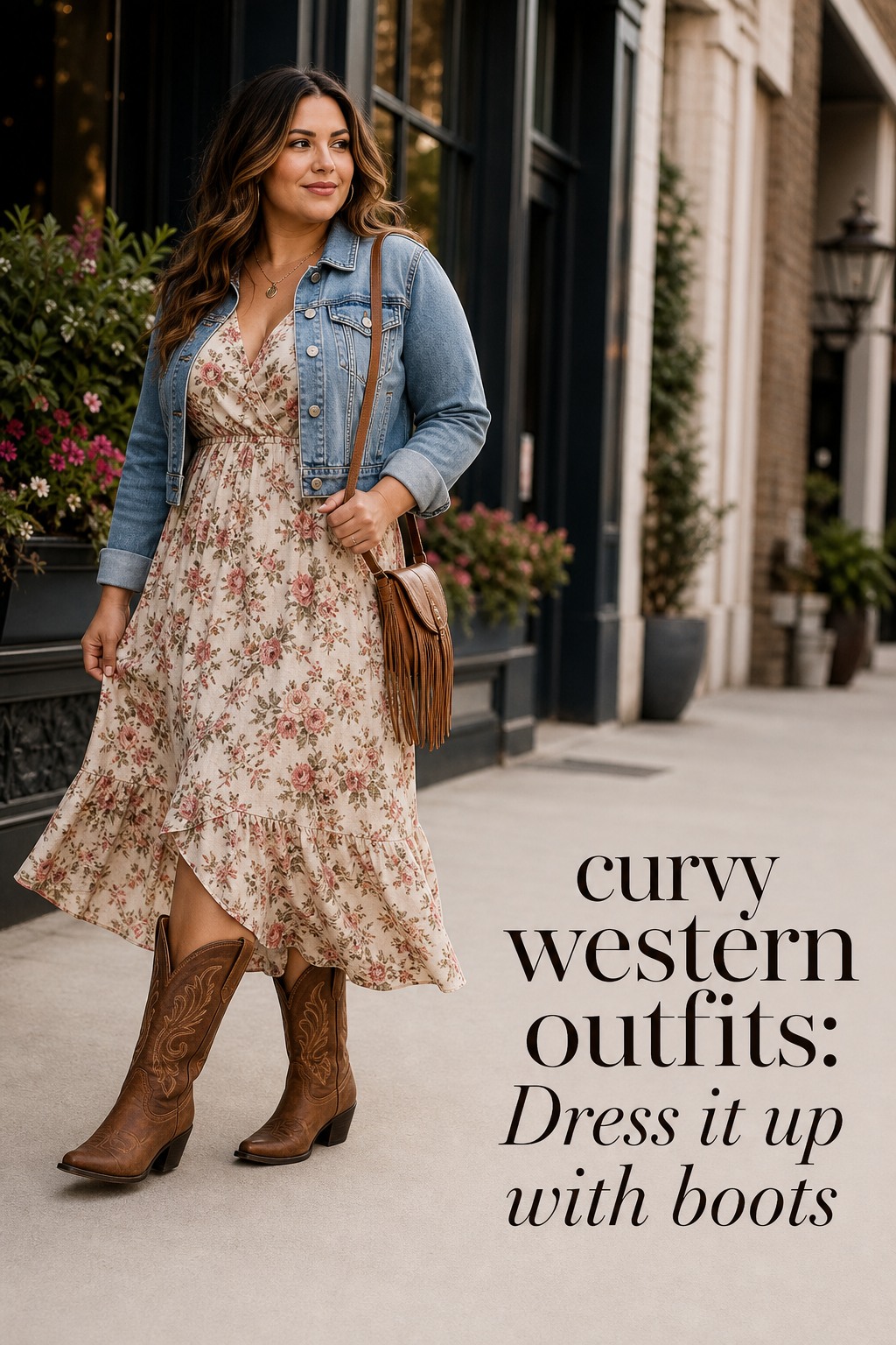 curvy western outfits with a floral midi dress, denim jacket, and cowboy boots