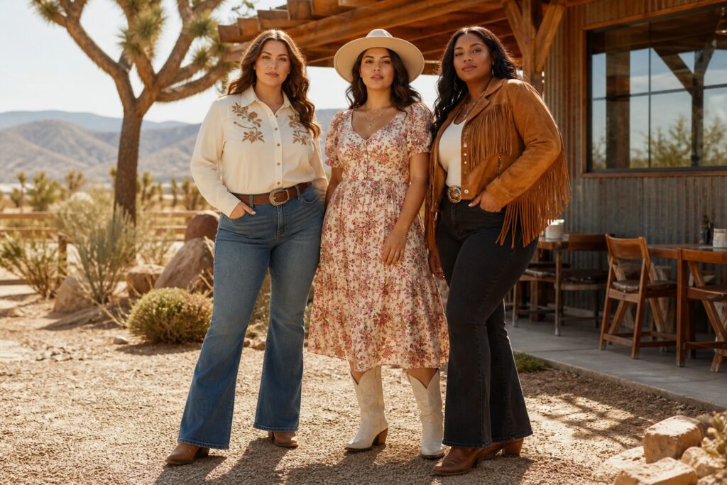 curvy western outfits with denim, a floral dress, fringe, and cowboy boots