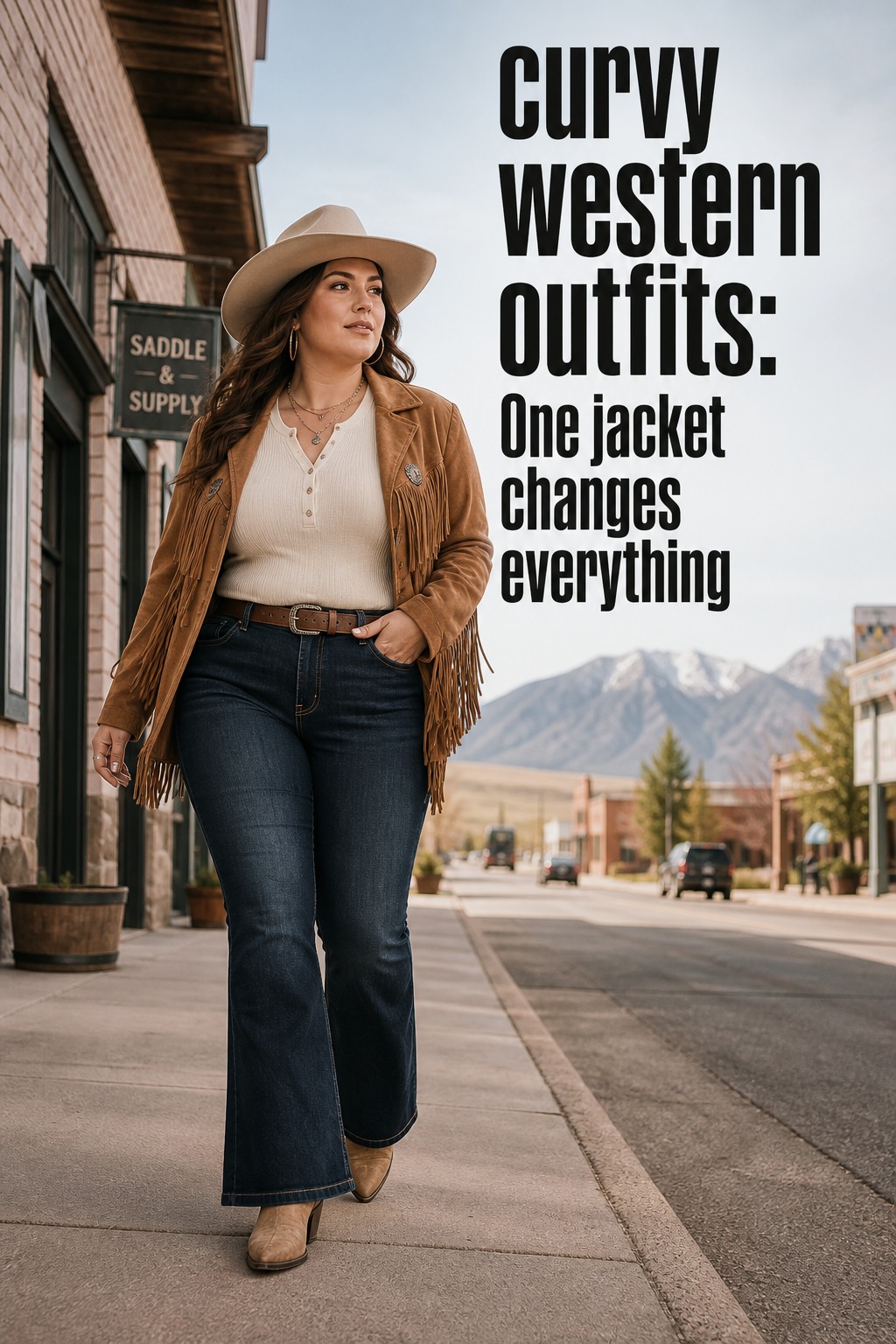 curvy western outfits with a tan suede fringe jacket and dark bootcut jeans