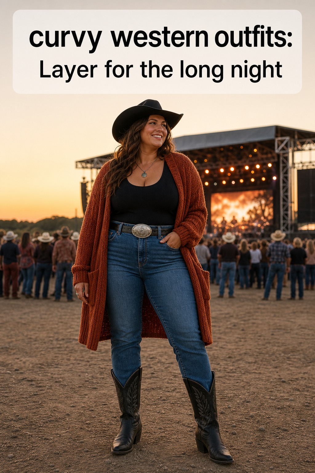 curvy western outfits with a black tank, jeans, rust cardigan, and boots
