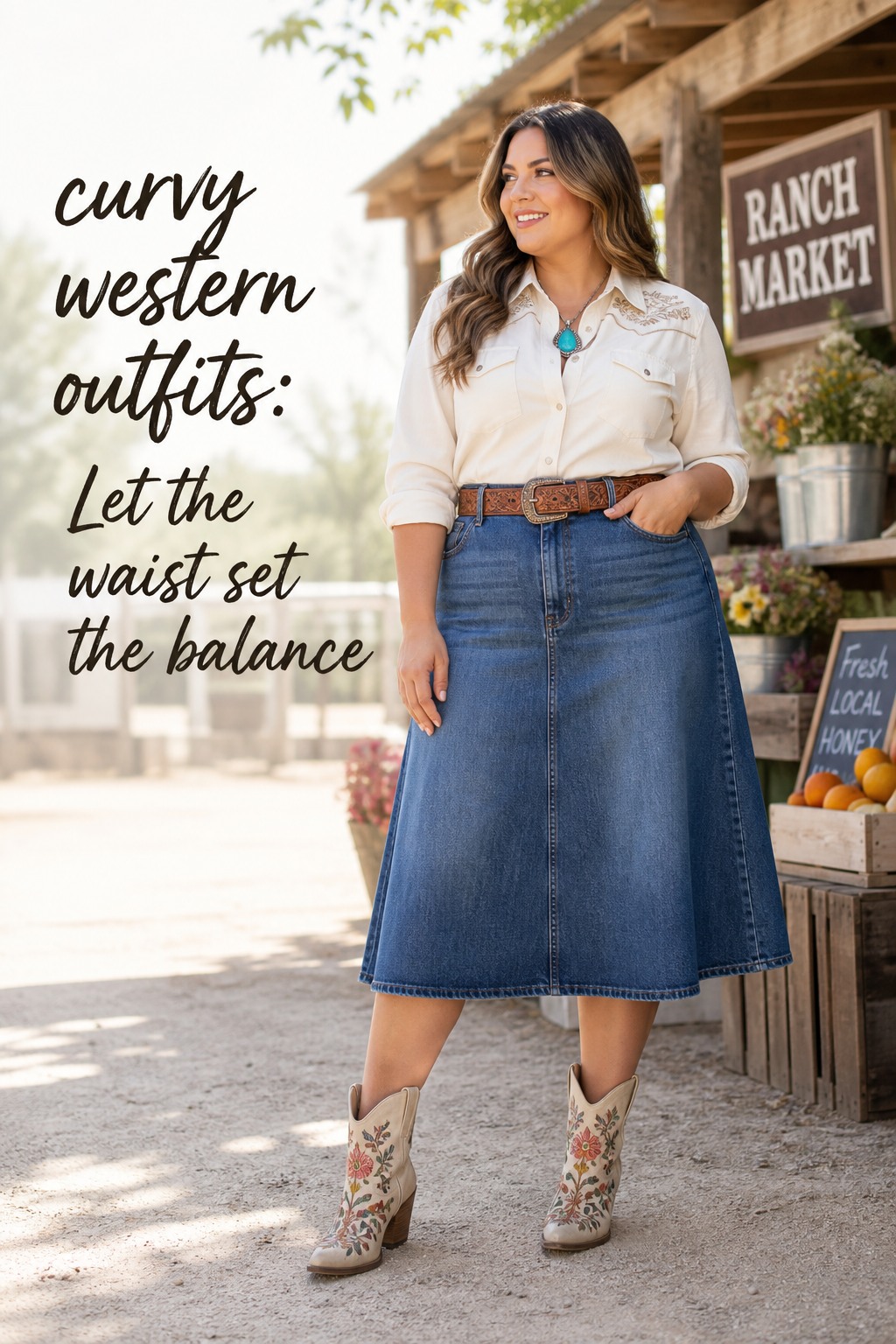 curvy western outfits with an A-line denim skirt and turquoise pendant