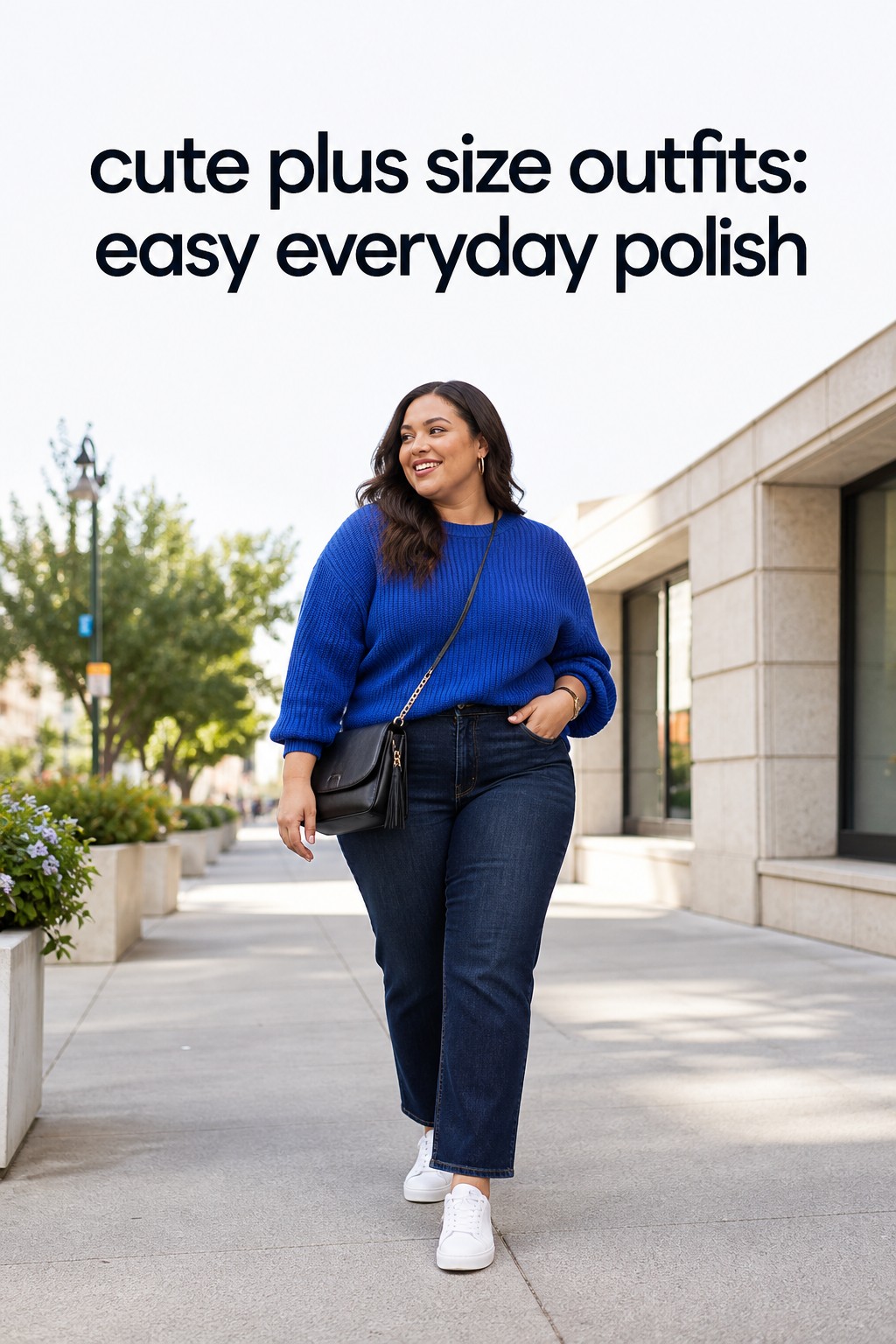 cute plus size outfits in a chocolate knit set with a bright turquoise bag