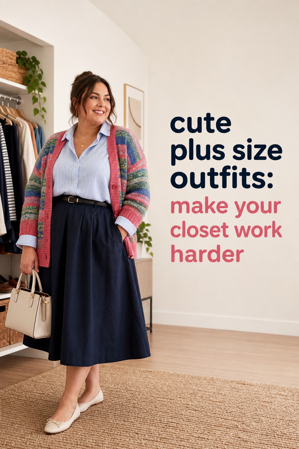 cute plus size outfits with a striped shirt, colorful cardigan, and midi skirt
