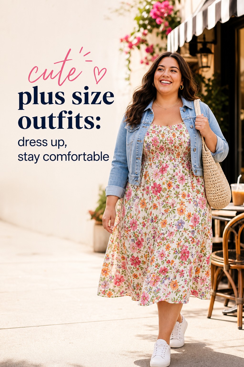 cute plus size outfits with a floral midi dress, denim jacket, and white sneakers