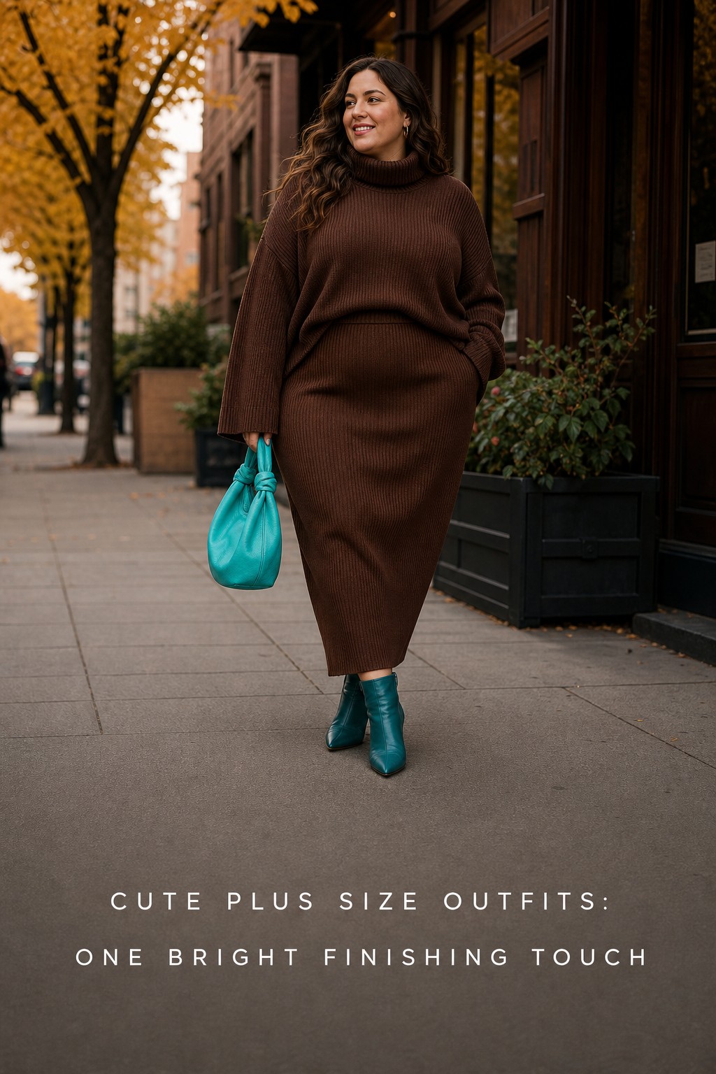 cute plus size outfits with a cobalt knit, dark jeans, white sneakers, and a crossbody bag