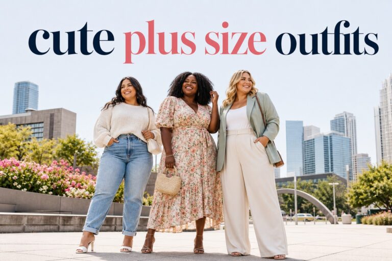 cute plus size outfits with three diverse women in jeans, a floral dress, and tailored trousers