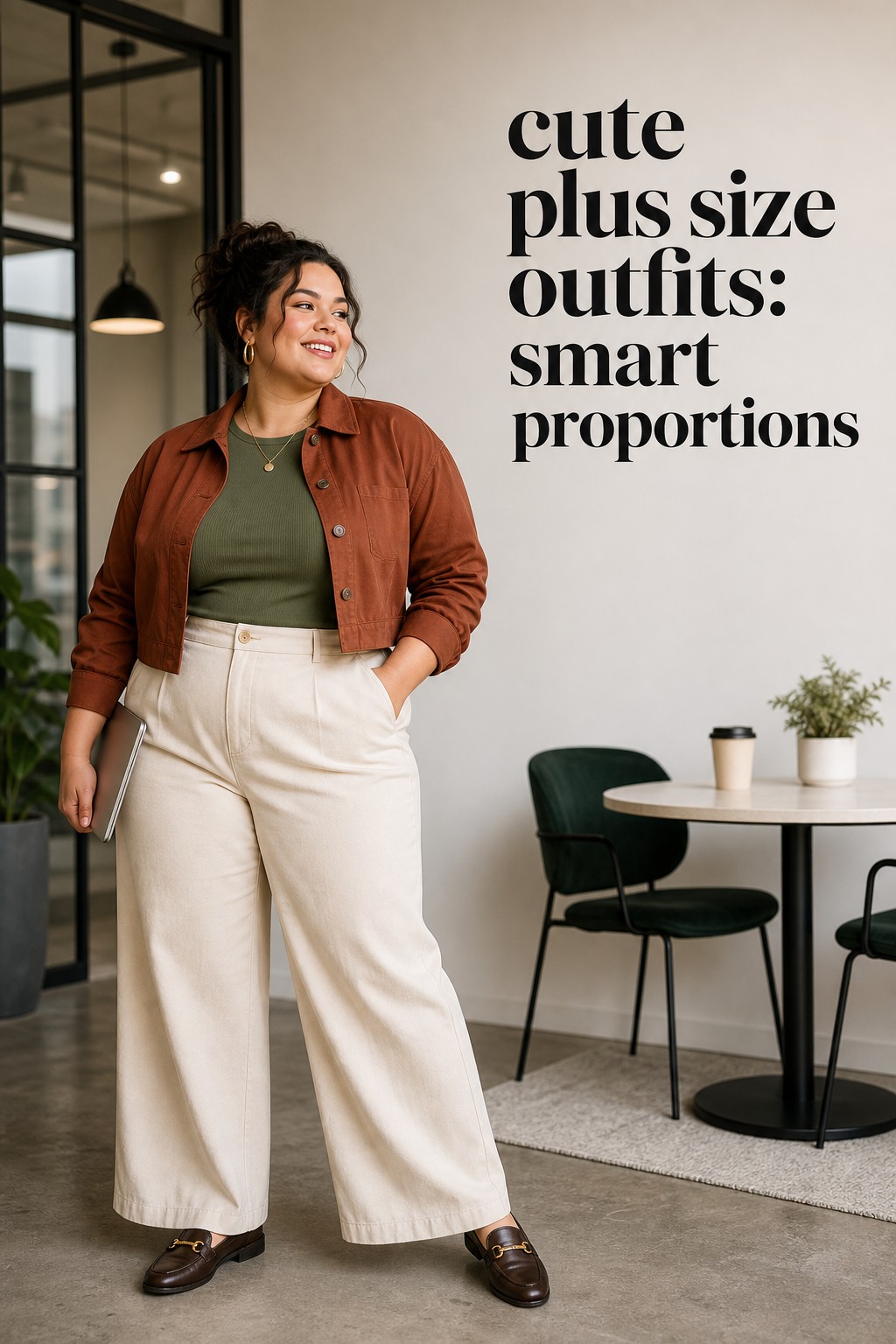 cute plus size outfits with wide-leg cream trousers, a green top, and rust jacket