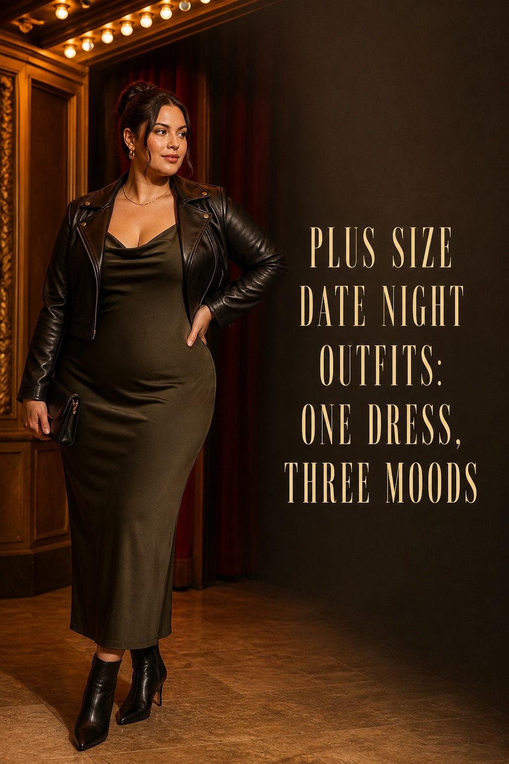 plus size date night outfits with a column dress and leather jacket