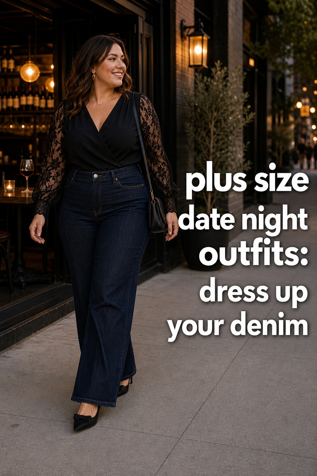 plus size date night outfits with dark denim and a lace sleeve blouse