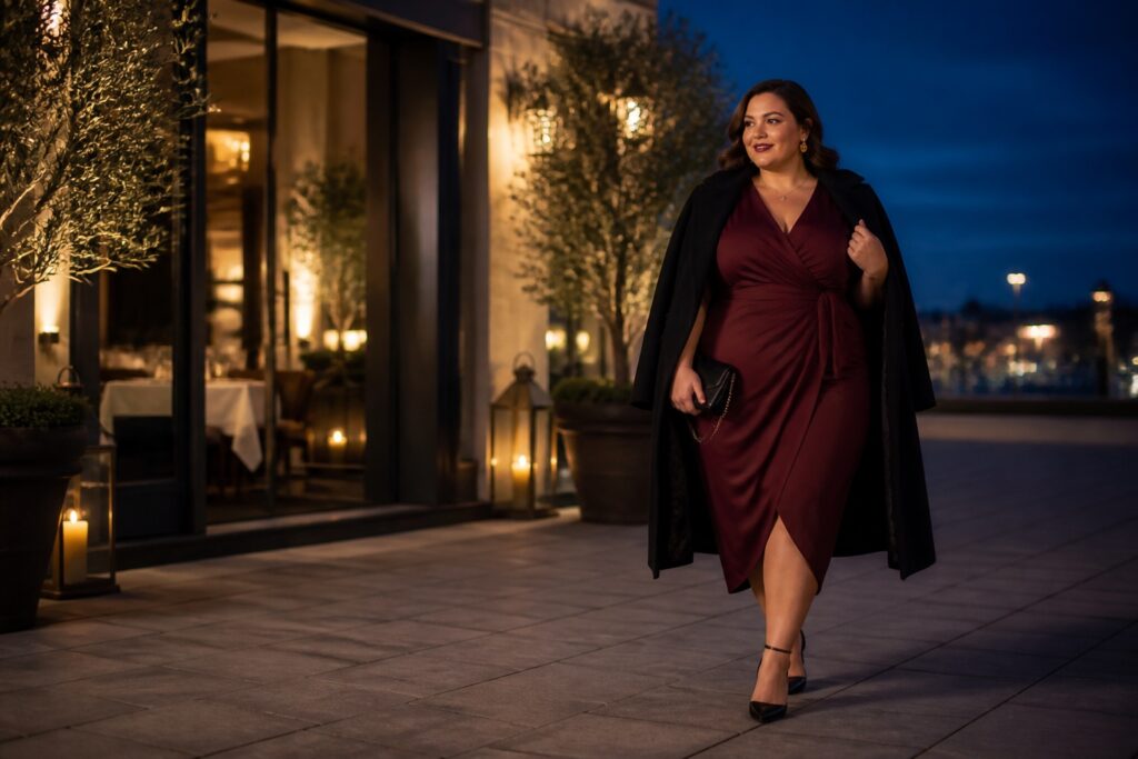 plus size date night outfits in a berry wrap dress for dinner