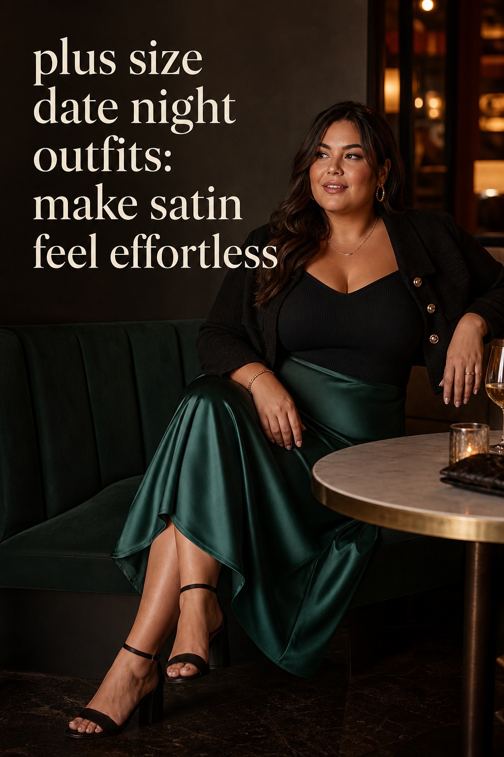 plus size date night outfits with a satin midi skirt and block heels