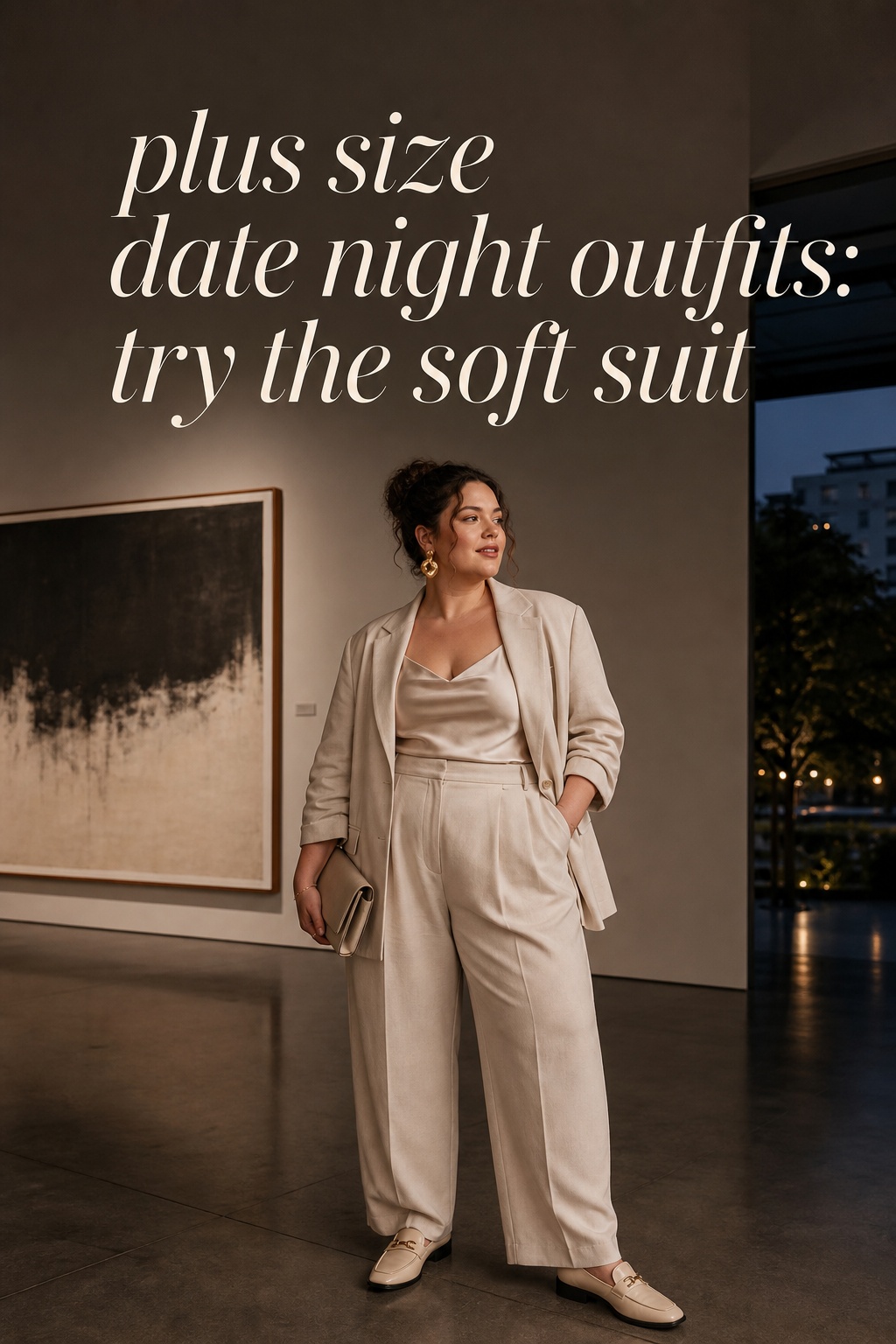 plus size date night outfits with a relaxed monochrome suit and satin camisole