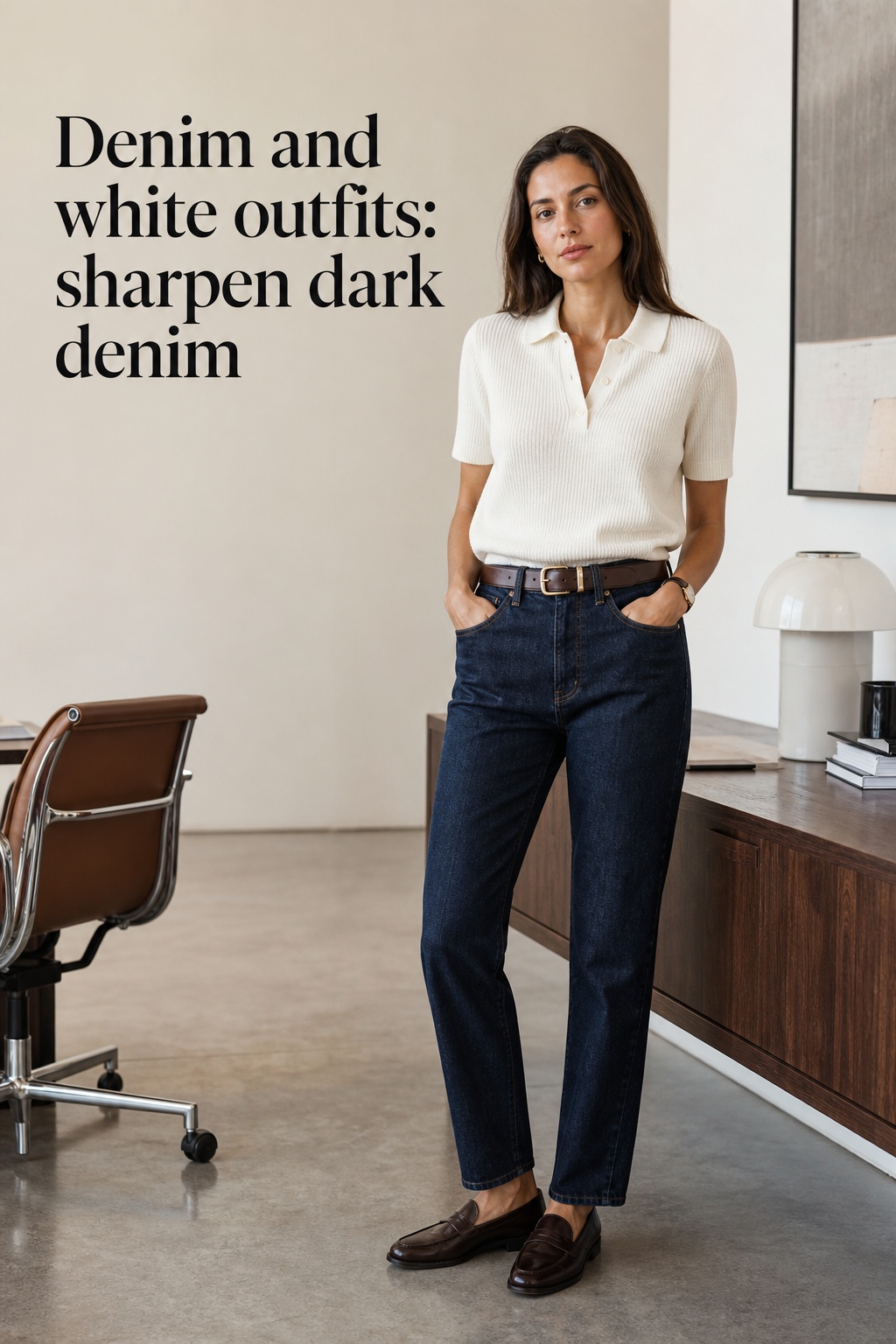 denim and white outfits with dark jeans and a white knit polo