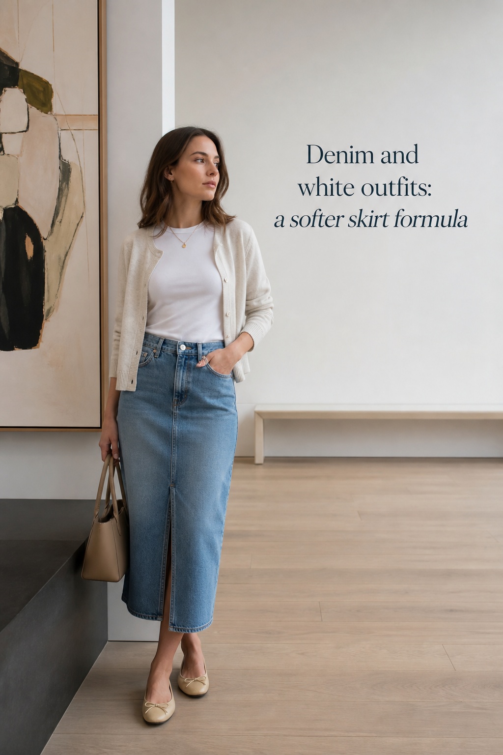 denim and white outfits with a denim midi skirt and white tee