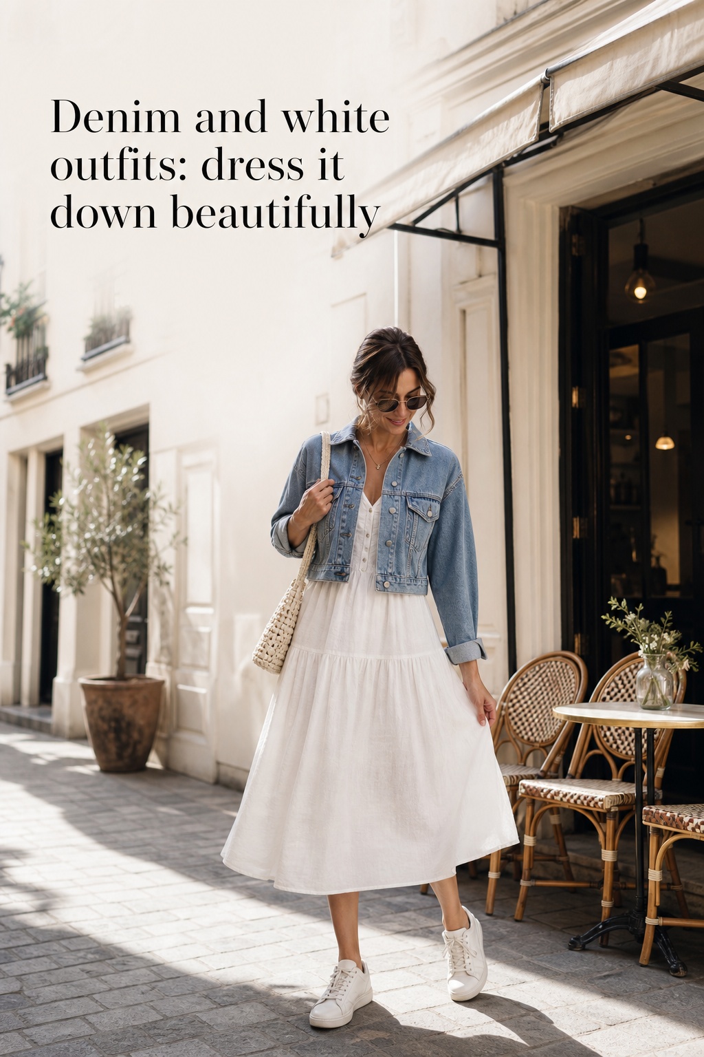 denim and white outfits with a white dress and cropped denim jacket