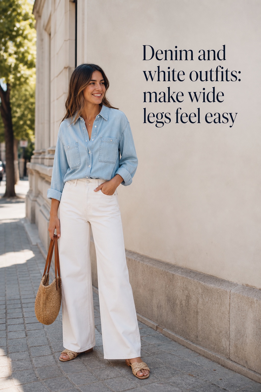 denim and white outfits with wide-leg jeans and a chambray shirt