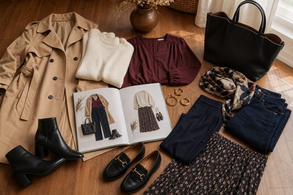 fall plus size outfits capsule with camel trench, knit, burgundy blouse, denim, trousers, midi skirt, boots, and loafers