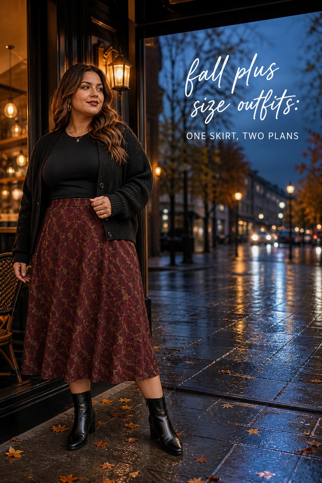 fall plus size outfits with printed midi skirt, black tee, cropped cardigan, and ankle boots
