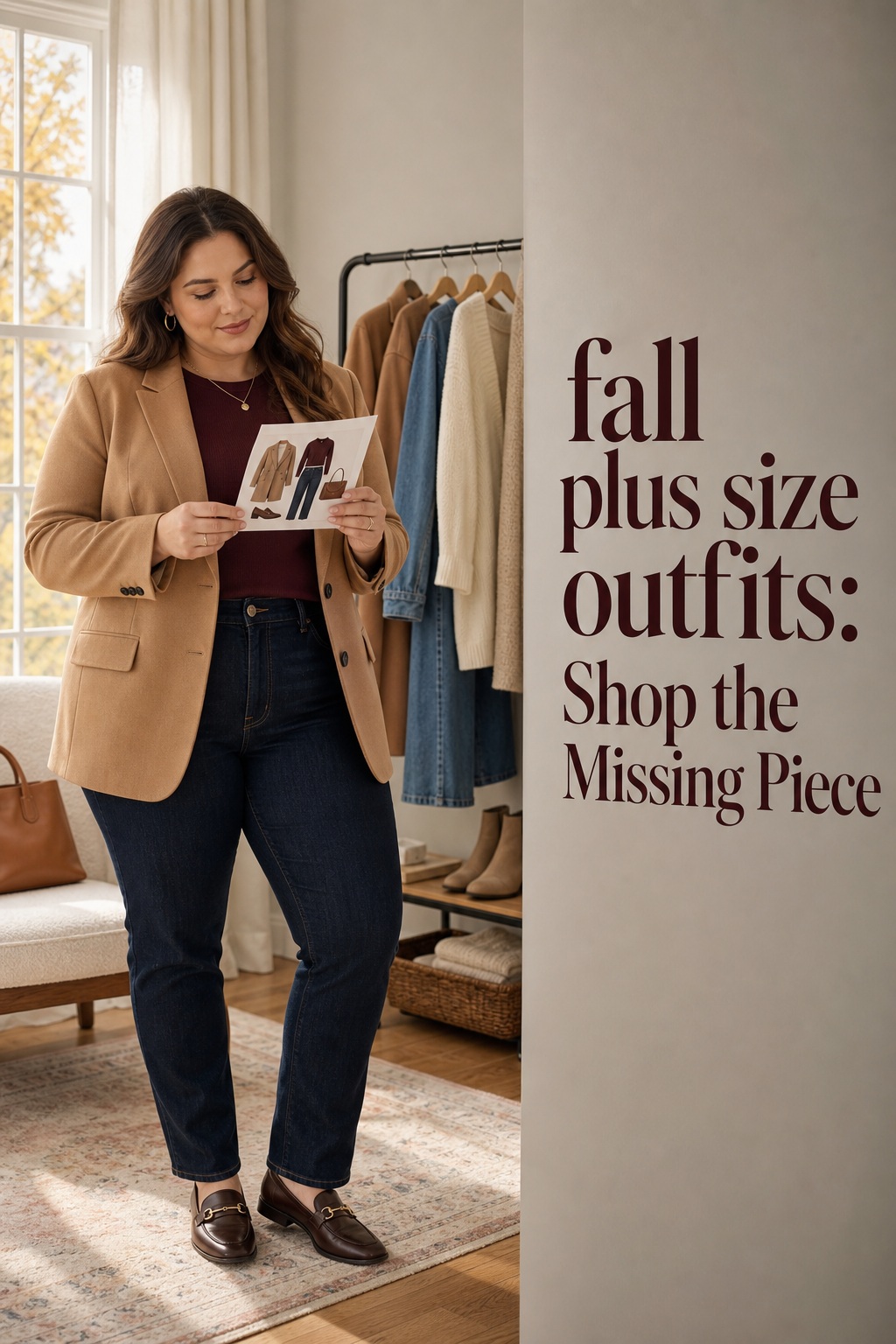 fall plus size outfits shopping plan with dark jeans, burgundy top, camel blazer, and loafers
