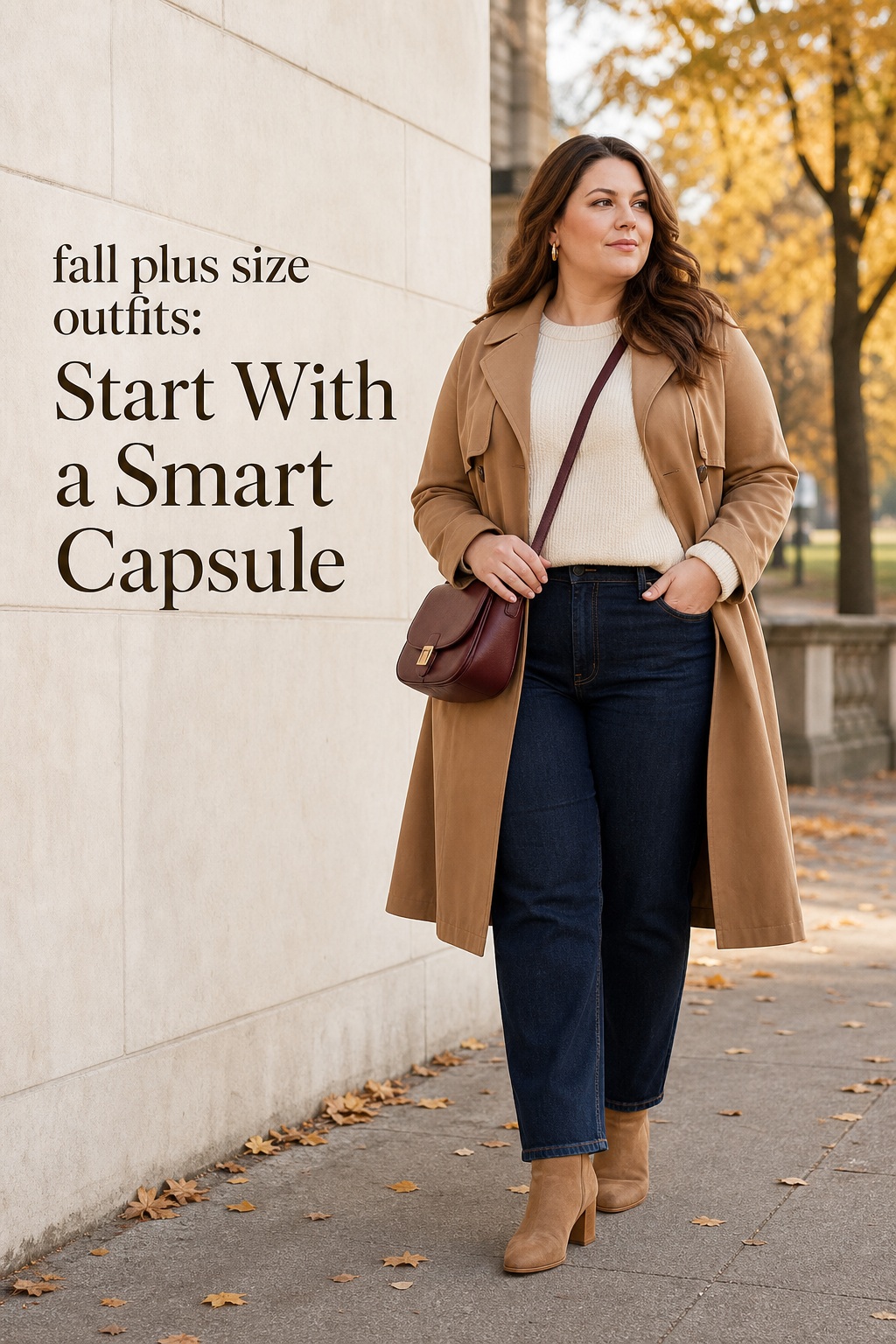 fall plus size outfits with camel trench, cream knit, dark jeans, burgundy bag, and ankle boots