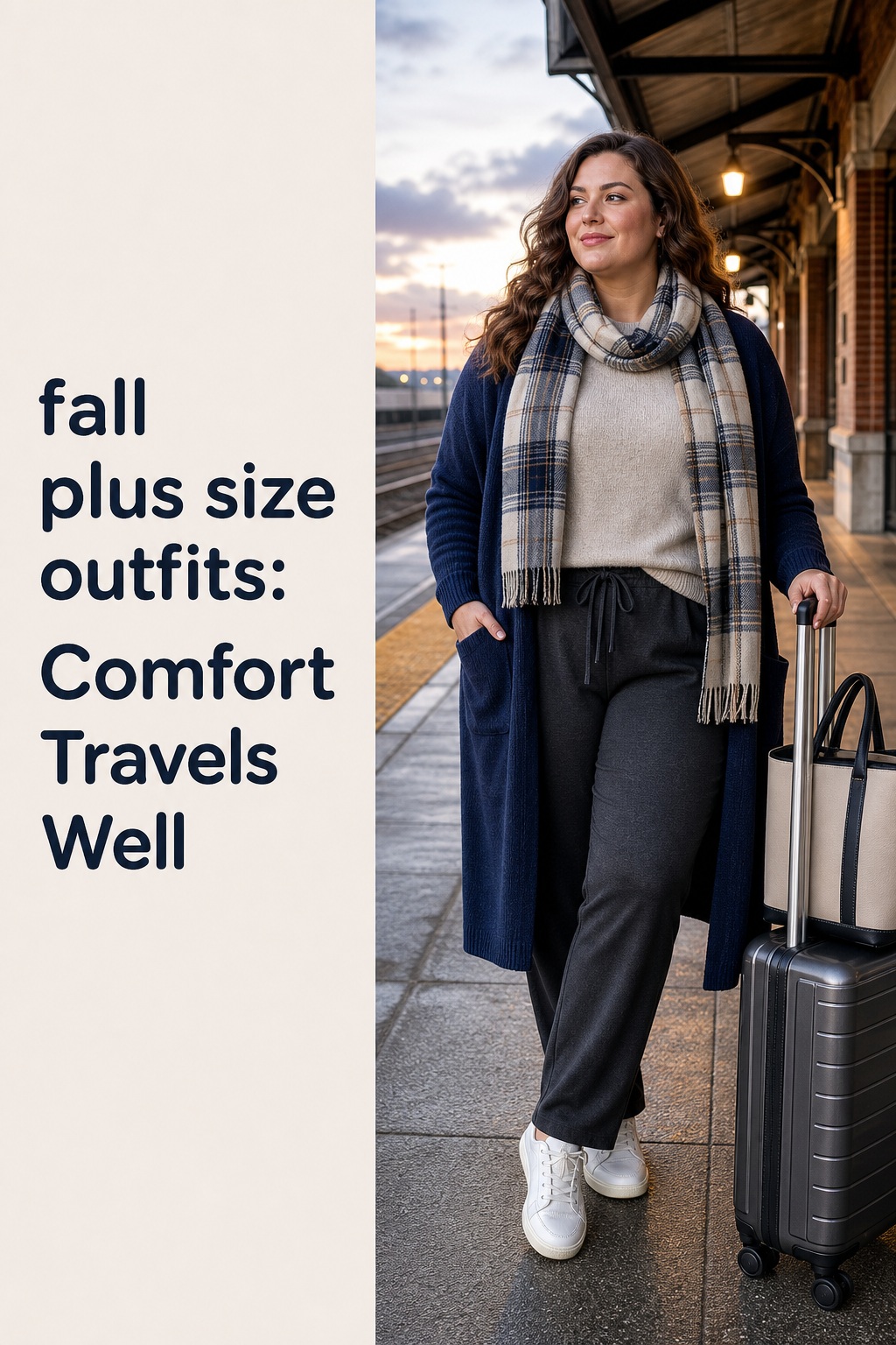 fall plus size outfits travel look with oatmeal sweater, charcoal trousers, navy cardigan, scarf, and sneakers