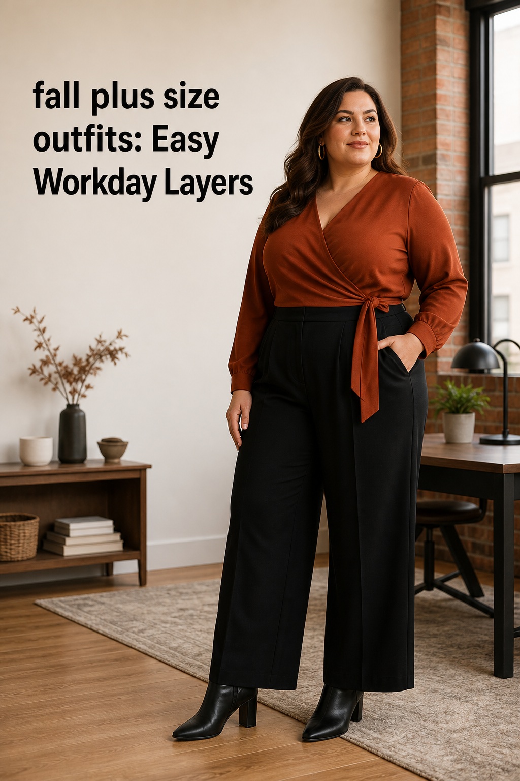 fall plus size outfits workday look with rust wrap blouse, black wide-leg trousers, and ankle boots